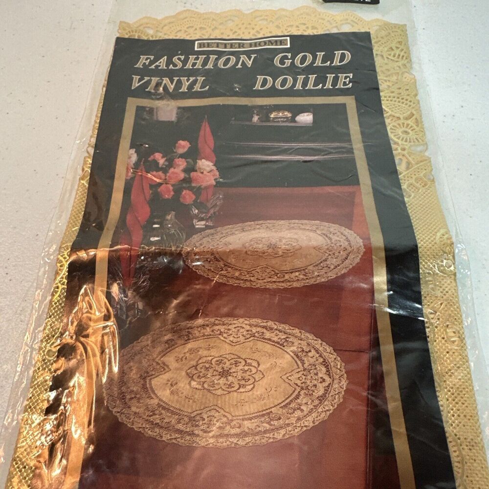 NOS VINTAGE BETTER HOME DOILIE Gold Fine Lace Vinyl 16" Round
